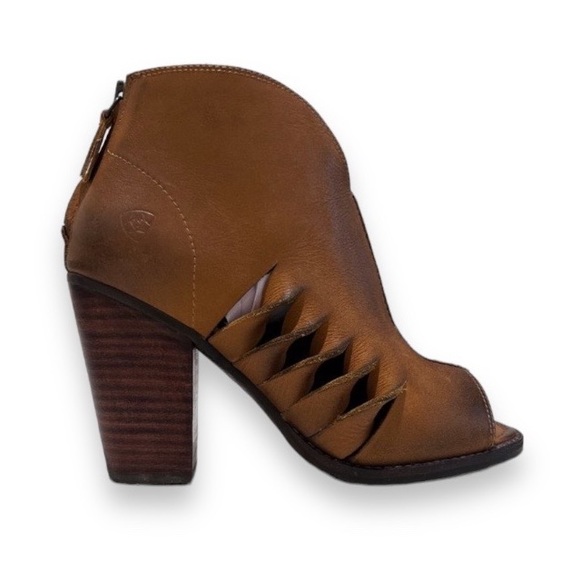 Ariat Shoes - Ariat Cognac Cutout Leather Open Toe Bohemian Western Heeled Ankle Booties 9